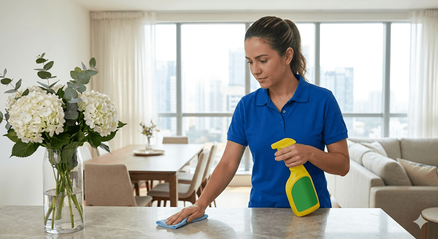 Spotless kitchen and living space after a deep clean